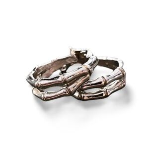 Vintage Trifari Bamboo Hoops Skeleton Hand Clip On Earrings Silver Tone Goth